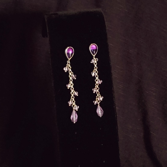 Purple and Silver Dangling Earrings Stone Glass - Picture 1 of 9